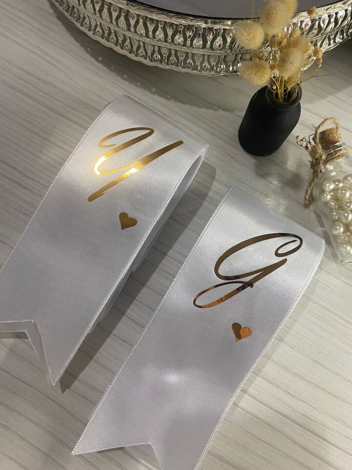 Nişan Düğün Gelin Damat İsimli Kalp Detaylı Takı Kurdelesi