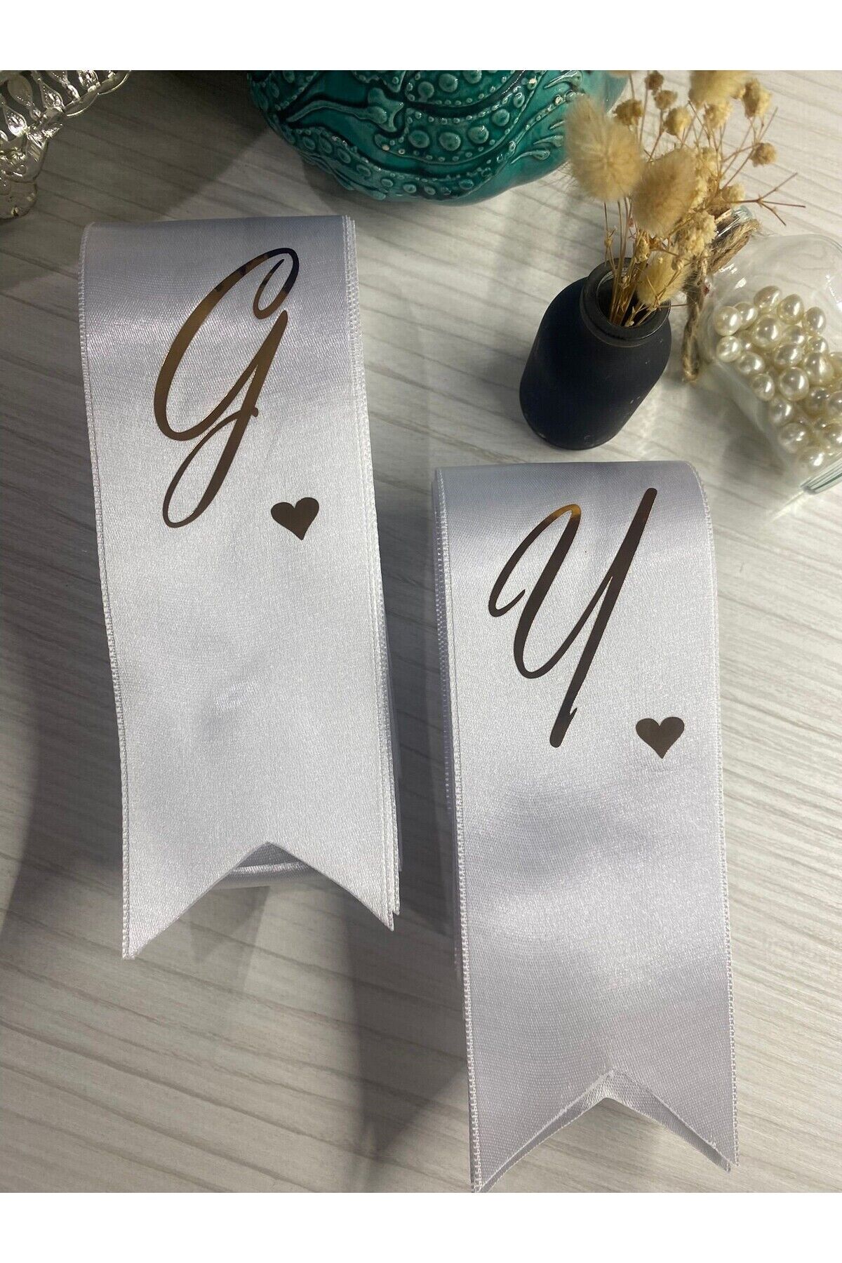 Nuksoc Nişan Düğün Gelin Damat İsimli Kalp Detaylı Takı Kurdelesi