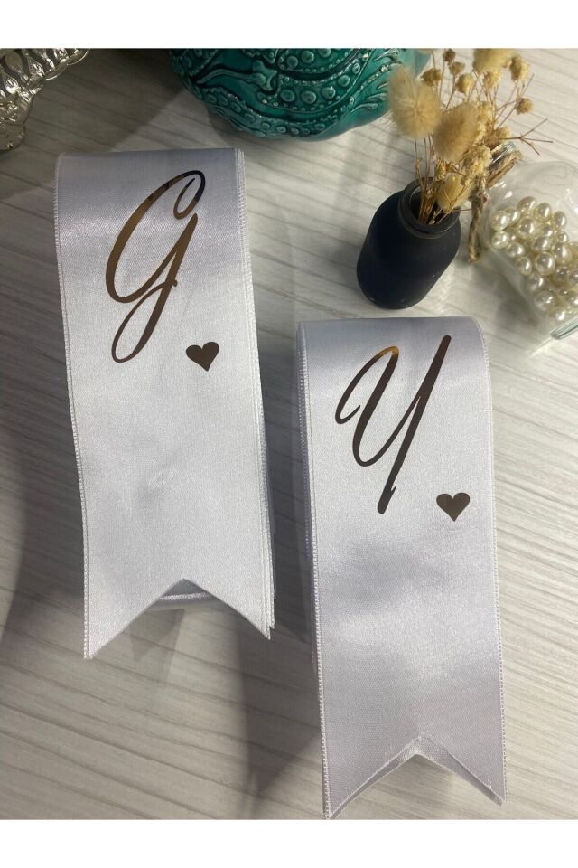 Nuksoc Nişan Düğün Gelin Damat İsimli Kalp Detaylı Takı Kurdelesi