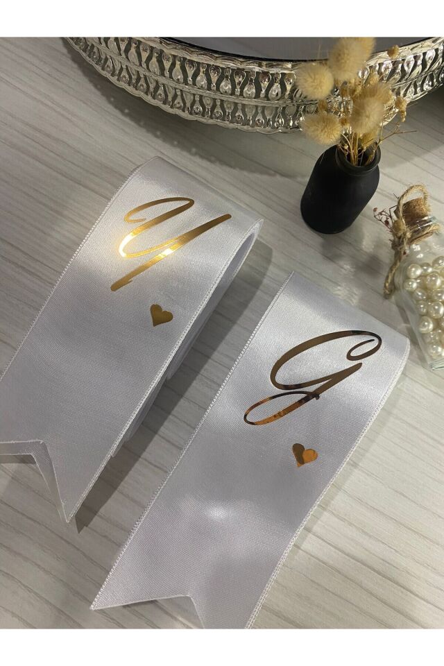 Nuksoc Nişan Düğün Gelin Damat İsimli Kalp Detaylı Takı Kurdelesi