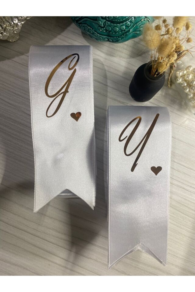 Nuksoc Nişan Düğün Gelin Damat İsimli Kalp Detaylı Takı Kurdelesi