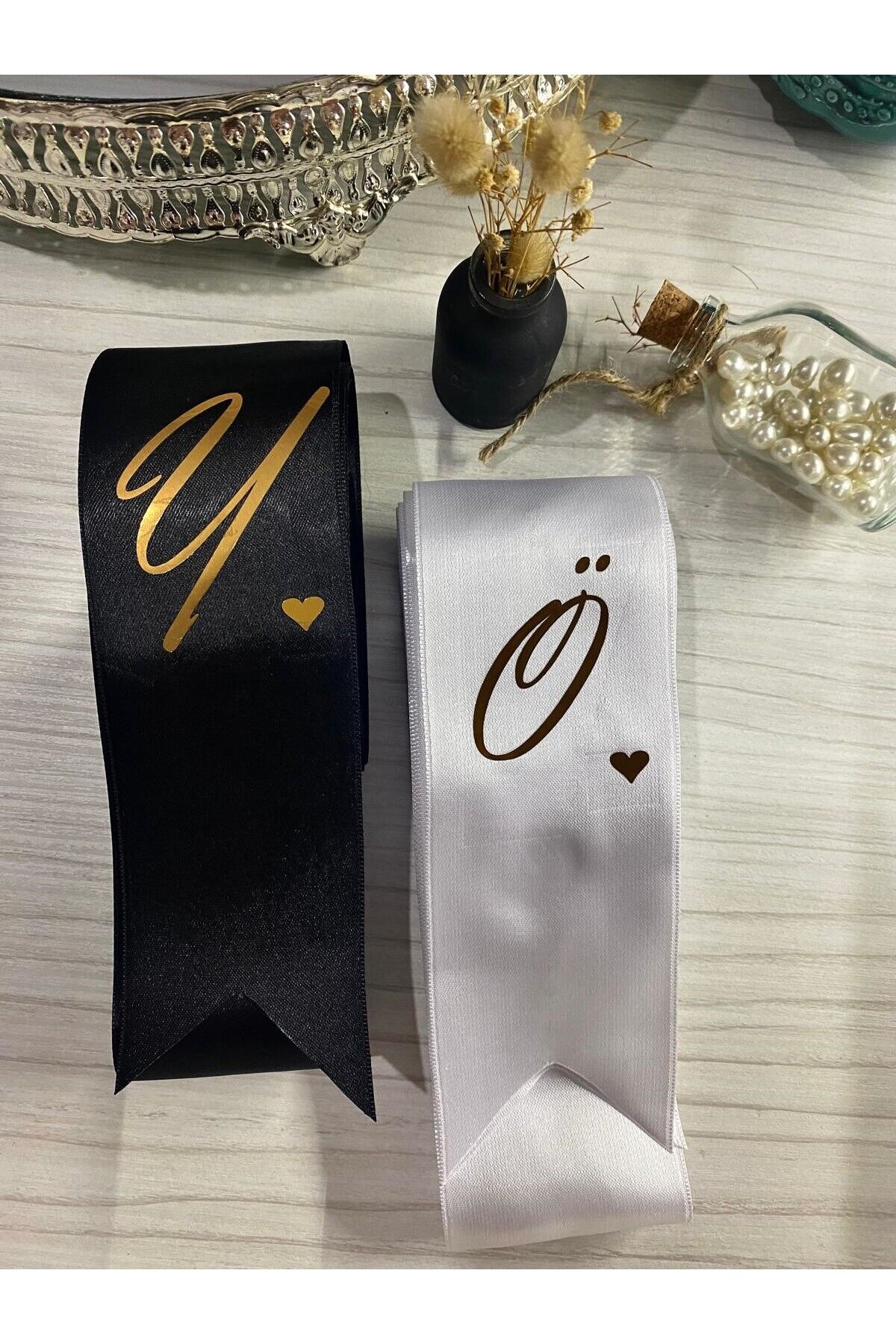nuksoc Nişan Düğün Gelin Damat İsimli Kalp Detaylı Takı Kurdelesi