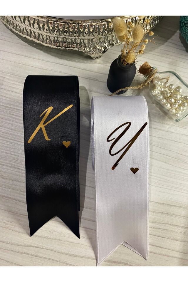 nuksoc Nişan Düğün Gelin Damat İsimli Kalp Detaylı Takı Kurdelesi