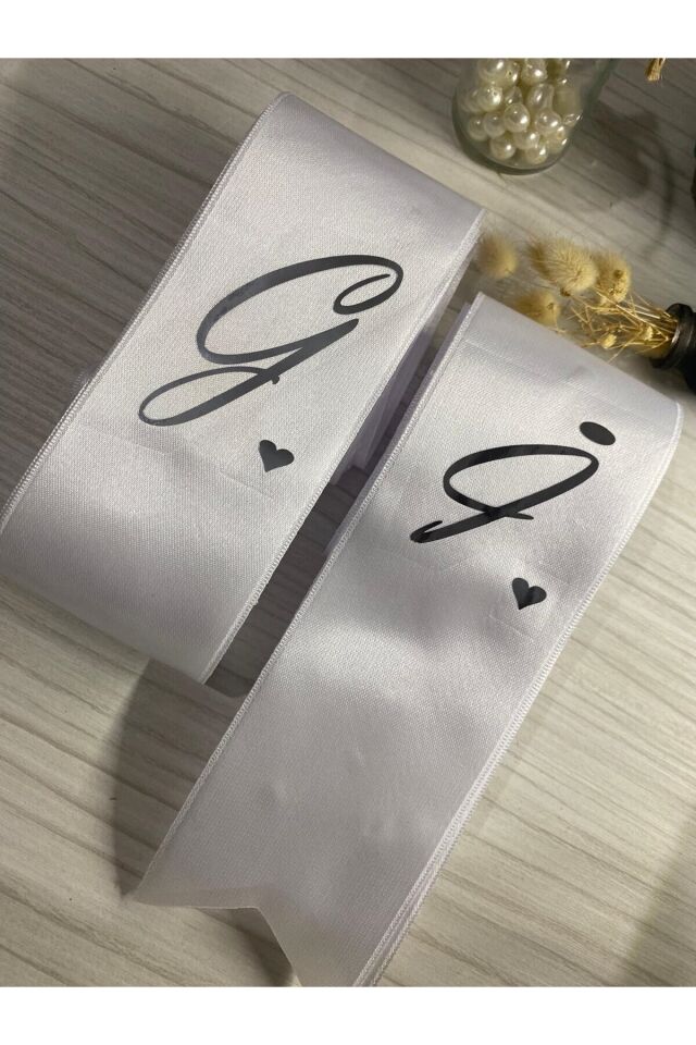 nuksoc Nişan Düğün Kalp Detaylı Gümüş Parlak Baskılı Gelin Damat Takı Kurdelesi