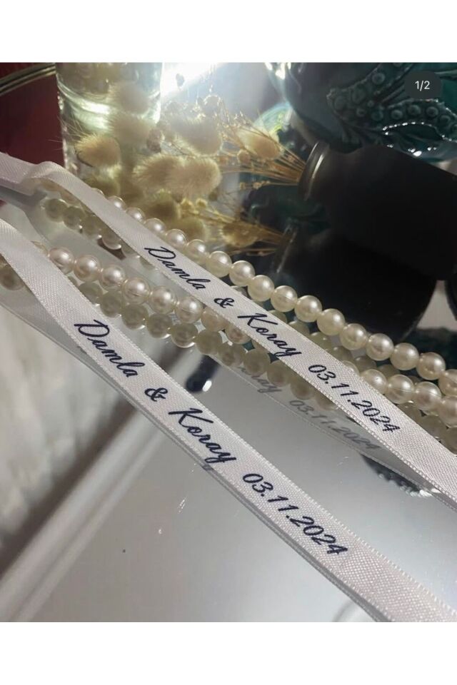 nuksoc Dökülen İncili Söz Nişan Saten Yüzük Kurdelesi