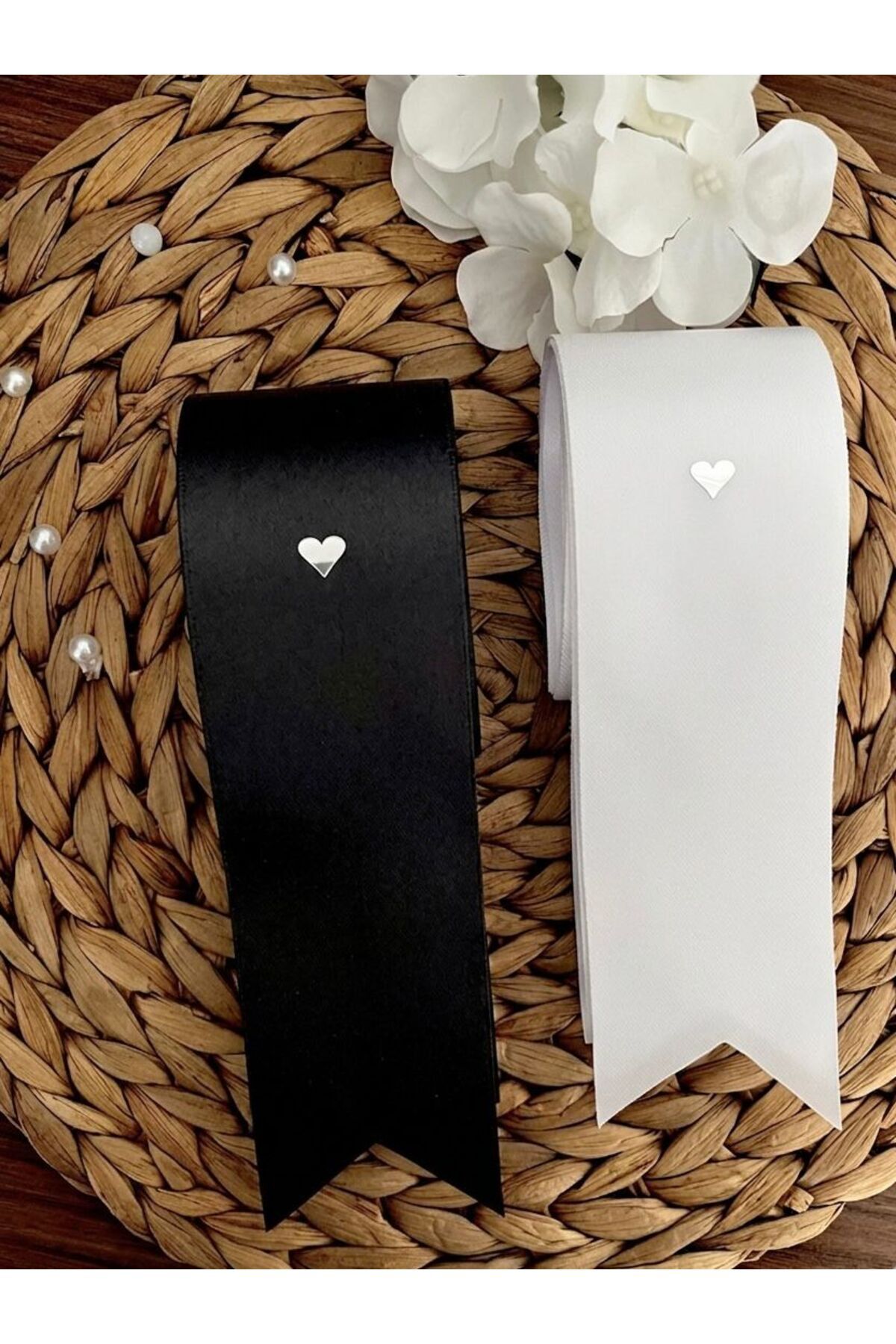 nuksoc Düğün Nişan Gelin Damat Gümüş Kalp Baskılı Takı Kurdelesi
